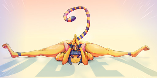 anthro big_breasts big_butt blue_eyes blue_hair breast_rest breasts butt clothing crown egyptian egyptian_clothing eye_contact female flexible fur hair hands_together headgear looking_at_another looking_at_viewer markings nude pancake_position praise praying simple_background solo splits spread_legs spreading striped_markings striped_tail stripes tail tail_markings text tiara yellow_body yellow_fur yoga woofarin animal_crossing nintendo ankha_(animal_crossing) domestic_cat felid feline felis mammal english_text