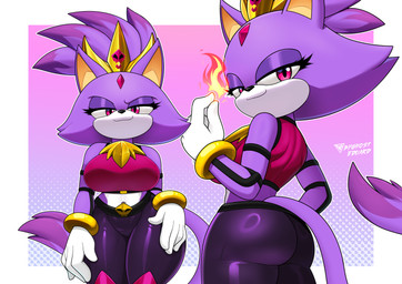 anthro belt big_breasts big_butt black_nose bottomwear bracelet breasts butt clothed clothing crown dipstick_tail elemental_manipulation eyelashes female fire fire_manipulation forehead_gem front_view fur gem gloves handwear headgear jewelry killer_queen_blaze looking_at_viewer looking_back looking_back_at_viewer markings navel pants pink_background pink_clothing pink_eyes pink_topwear purple_body purple_bottomwear purple_clothing purple_fur purple_pants rear_view simple_background smile solo tail tail_markings thick_thighs topwear white_background white_body white_clothing white_fur white_gloves white_handwear wide_hips byghosteduard sega sonic_the_hedgehog_(series) blaze_the_cat domestic_cat felid feline felis mammal absurd_res hi_res