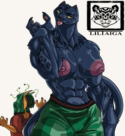 abs anthro areola big_areola big_breasts bodily_fluids breasts claws clothed clothing duo female finger_claws fur hair male markings melanistic muscular muscular_anthro muscular_female nipples pawpads puffy_nipples simple_background spots spotted_body sweat sweatdrop tail tongue tongue_out yellow_eyes liltaiga4 goat_(movie) sony_corporation sony_pictures jett_fillmore will_harris bovid caprine felid goat leopard mammal pantherine absurd_res digital_media_(artwork) hi_res