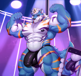 abs anthro biceps big_bulge big_muscles blue_body blue_fur bulge cellphone clothing detailed_bulge electronics flexing fur genital_outline hair holding_object holding_phone horn leather leather_clothing male muscular muscular_anthro muscular_male muscular_thighs nipples penis_outline phone pole presenting smile solo stage_lights standing strip_club stripper thong underwear white_body white_fur white_hair rux-uwu canid canine canis mammal wolf absurd_res hi_res
