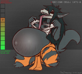 5_fingers anthro belly big_belly black_body black_fur black_hair bone breasts clothed clothing feet female fingers fur gauge grey_body grey_fur hair huge_belly humanoid_hands hyper hyper_belly hyper_pregnancy jumpsuit long_hair navel nipples outie_navel pregnant pregnant_anthro pregnant_female rapid_pregnancy shirt skull skull_head solo static stretch_marks tail tank_top tearing_clothing tearing_own_clothing text tongue tongue_out topwear torn_clothing torn_jumpsuit torn_tank_top dansharkman scp_foundation scp-1471-a canid canine malo mammal 2025 digital_drawing_(artwork) digital_media_(artwork) english_description english_text hi_res story story_in_description
