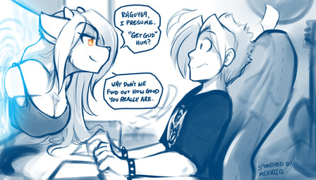 alternate_species anthro breasts chair cleavage clothed clothing computer dialogue electronics female furniture horn magic male off_shoulder on_chair portal shocked sitting smile smirk surprised text wide_eyed conditional_dnp tom_fischbach twokinds database_error_(twokinds) lady_nora_(twokinds) domestic_cat felid feline felis human keidran mammal 2023 7:4 adobe_photoshop_(artwork) digital_media_(artwork) english_text hi_res monochrome sketch spot_color