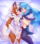 anthro blush clothed clothing duo female female/female fur human_on_anthro interspecies looking_at_viewer snow tail topless winter_clothing raikissu nintendo pokemon dusk_lycanroc generation_7_pokemon human lycanroc mammal pokemon_(species)