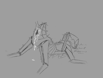 all_fours ambiguous_gender antennae_(anatomy) anthro arthropod_abdomen arthropod_abdomen_genitalia ass_up bodily_fluids cum cum_drip disembodied_hand dripping fingering genital_fluids genitals machine segmented_body shaking solo trembling cogheartflutters hollow_knight:_silksong hollow_knight_(franchise) team_cherry second_sentinel arthropod robot monochrome sketch