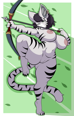 4_toes anthro armband arrow_(weapon) big_breasts black_hair bow_(weapon) breasts ear_piercing ear_ring feet female genitals green_eyes hair jewelry nails navel necklace nipples nude piercing ranged_weapon ring_piercing solo tail toes vulva weapon xdragoncam bethesda_game_studios microsoft the_elder_scrolls the_elder_scrolls_online lya_(ixikelpos) felid khajiit mammal pantherine tiger absurd_res hi_res