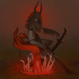 bikini clothing disembodied_hand foggy_background glowing gradient_background grass hair hair_over_eyes hooves horn long_arms long_legs looking_at_viewer melee_weapon menacing_aura plant simple_background sitting slim swimwear sword two-piece_swimsuit weapon syvaron demon demon_humanoid humanoid 1:1 2025 hi_res