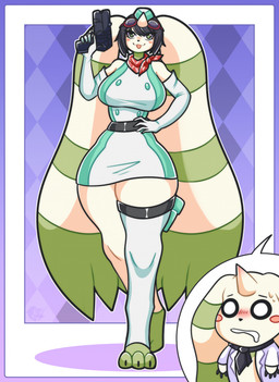 after_transformation anthro big_breasts blush breasts clothed clothing duo eyewear female goggles green_eyes gun headgear headwear horn huge_breasts leggings legwear male ranged_weapon thick_thighs tongue tongue_out transformation weapon wide_hips rudytheshark bandai_namco digimon digimon_story:_time_stranger kanan_yuki digimon_(species) terriermon terriermon_assistant 2025 hi_res