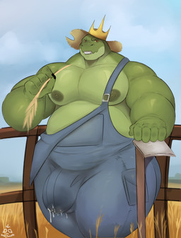 anthro belly big_belly big_bulge bodily_fluids bulge clothed clothing crown erection erection_under_clothing genital_fluids green_body headgear looking_at_viewer male muscular muscular_anthro muscular_male nipples outside overalls overalls_only overweight overweight_anthro overweight_male precum precum_through_clothing solo tail wet wet_clothing sad_tomato king_tangu crocodile crocodilian reptile scalie 2026 absurd_res digital_media_(artwork) hi_res
