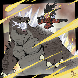 action_pose anthro attack bald boots building cape city claws clothed clothing costume duo fight fist flying footwear gloves handwear headgear macro male mask musclegut muscular nude open_mouth outside overweight pecs pose raised_arm sharp_teeth shoes size_difference slightly_chubby smaller_male spikes standing superhero teeth tongue torn_clothing vein takataka godzilla_(series) monsterverse nintendo pokemon toho godzilla generation_1_pokemon humanoid kaiju machoke monster pokemon_(species) 1:1 2014 crossover