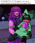 anthro carrying_another duo eyes_closed female looking_at_viewer male scarf smile text angusburgers deltarune reddit undertale_(series) ralsei susie_(deltarune) bovid caprine darkner goat mammal scalie absurd_res english_text hi_res