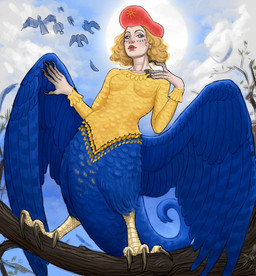 3_toes 5_fingers ambiguous_feral ambiguous_gender arms_bent black_claws blonde_hair blue_body blue_feathers blue_sky blue_tail blue_wings blush bodypaint bottomless bottomless_female bottomless_humanoid breasts brown_eyebrows claws clothed clothed_female clothed_humanoid clothing cloud cloudy_sky day eyebrows eyelashes face_paint feathered_wings feathers feet female feral finger_claws fingers flying group hair hat headgear headwear light lips looking_at_viewer low-angle_view medium_hair outside perching plant red_clothing red_hat red_headwear red_lips shirt sky small_breasts smile smiling_at_viewer solo_focus sun tail talon_hands talons tan_body tan_skin toe_claws toes topwear tree wavy_hair white_eyes wings yellow_clothing yellow_shirt yellow_topwear bingoblin european_mythology greek_mythology mythology avian bird harpy humanoid mythological_avian mythological_creature 2024 colored digital_drawing_(artwork) digital_media_(artwork) english_description hi_res lighting shaded