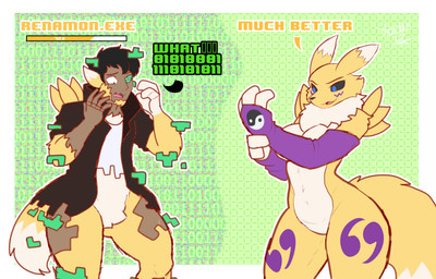 anthro black_sclera blue_eyes breast_growth breasts dipstick_tail female fur gender_transformation growth human_to_anthro male markings mtf_transformation possession smile solo species_transformation tail tail_markings transformation wide_hips yellow_body yellow_fur korick17 bandai_namco digimon deiser canid digimon_(species) human mammal renamon digital_media_(artwork) hi_res