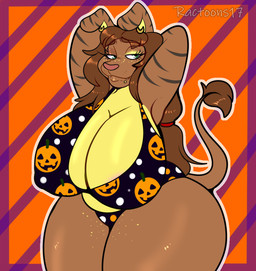 anthro areola areola_slip arms_bent bangs big_breasts bikini black_bikini black_clothing black_stripes black_swimwear breasts brown_body brown_eyebrows brown_fur brown_hair brown_tail brown_tail_tuft chin_piercing cleavage closed_smile clothed clothed_anthro clothed_female clothing ear_piercing ear_ring eyebrow_through_hair eyebrows eyeshadow fangs female floppy_ears freckled_face freckled_legs freckled_thighs freckles fur green_eyes grey_outline hair half-closed_eyes hands_behind_head holidays hoop_ear_ring huge_breasts huge_thighs light long_ears long_hair looking_at_viewer makeup mouth_closed narrowed_eyes nipple_outline orange_background outline overweight overweight_anthro overweight_female pattern_background pattern_bikini pattern_clothing pattern_swimwear piercing pink_areola red_hair_tie red_nose ring_piercing simple_background smile smiling_at_viewer solo standing striped_arms striped_background striped_ears stripes swimwear tail tail_tuft teeth text thick_thighs translucent translucent_hair tuft two-piece_swimsuit whisker_spots yellow_body yellow_eyeshadow yellow_freckles yellow_fur ractoons halloween kayla_(balenforthekind) felid feline hybrid lagomorph leporid mammal rabbit 2024 artist_name colored digital_drawing_(artwork) digital_media_(artwork) english_description lighting portrait three-quarter_portrait