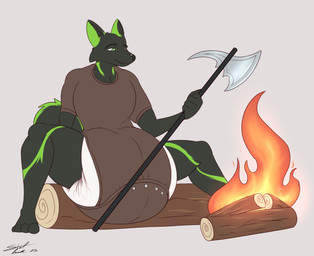 anthro big_diaper campfire clean_diaper clothing diaper front_view halberd male melee_weapon onesie polearm sitting solo weapon steelshark canid canine mammal hi_res
