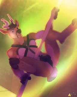 abstract_background anthro antlers bulge butt dancing detailed_bulge fur genital_outline hair harness hooves horn male penis_outline pole pole_dancing presenting simple_background smile solo spread_legs spreading rustyclawshot ottik deer mammal 2015 4:5