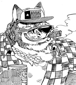 alcohol anthro baseball_cap beer beverage chain cigar cigar_in_mouth clothing flannel_shirt fluffy gold_(metal) gold_chain hat headgear headwear male object_in_mouth paws solo texas billy_fore canid canine fox mammal hi_res sketch