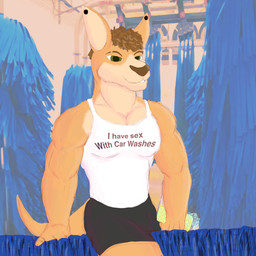 anthro car_wash curly_hair ear_piercing eyebrow_slit eyebrows hair humor joke male muscular piercing soap solo suds anonymous_artist kangaroo macropod mammal marsupial 1:1 hi_res