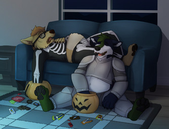anthro armor candy clothing coach costume dessert detailed_background duo envelope eyes_closed eyewear food fur furniture glasses halloween_costume hand_on_chest holidays lying lying_on_sofa male male/male multicolored_body multicolored_fur navel on_sofa overweight pawpads sitting sitting_on_ground sofa wearing_glasses window speckledsage halloween kazan_(kazan.k) koar_(muttline) canid canine canis jackal mammal wolf