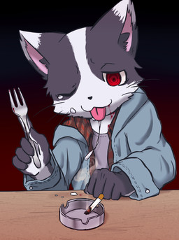 anthro ashtray blood bodily_fluids cigarette clothing cutlery drooling fork kitchen_utensils male one_eye_closed red_eyes saliva solo tears tongue tongue_out tools wink magumomo domestic_cat felid feline felis mammal 2016