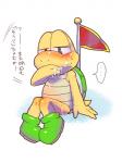 ambiguous_gender anthro blush bodily_fluids clothing cum cum_on_face cum_on_hand cum_on_leg cum_taste female flag footwear genital_fluids green_eyes shell shoes simple_background solo text white_background bakudanarare mario_bros nintendo captain_koopa_troopa koopa koopa_troopa scalie 3:4 hi_res japanese_text