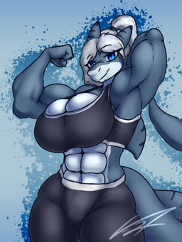 abs anthro big_breasts bottomwear bra breasts cleavage clothed clothing female flexing hair looking_at_viewer muscular muscular_female pants ponytail presenting_armpit smile smirk solo sports_bra underwear yoga_pants peachhqa aki_blythe_(zillasharkeh) aquatic fish shark 3:4 absurd_res hi_res