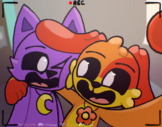 ambiguous_gender anthro camera_view charm_(jewelry) duo ears_down ears_up fur hand_on_shoulder happy hug jewelry looking_at_another necklace orange_body orange_fur pivoted_ears purple_body purple_fur smile smiling_at_another text tongue tinky mob_entertainment poppy_playtime smiling_critters catnap_(poppy_playtime) dogday_(poppy_playtime) canid canine canis domestic_cat domestic_dog felid feline felis mammal url male_(lore)