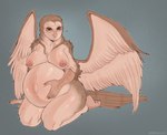 2023 5_fingers anthro areola avian avian_feet barn_owl beak bedroom_eyes belly belly_blush belly_rub big_belly big_breasts big_butt bird blue_eyes blush body_blush breasts brown_body butt cheek_tuft colored curvy_figure digital_drawing_(artwork) digital_media_(artwork) eastern_barn_owl eyelashes eyeliner facial_tuft fanned_tail_tip feather_markings feather_tuft feathers feet female fingers fluffy fluffy_tail front_view full-length_portrait glistening grey_background hand_on_belly hand_on_floor heart_symbol hi_res highlights_(coloring) hou_suyin_(icecreamcoconuts) kneeling kyoriichi long_eyelashes long_legs looking_at_self love_handles makeup markings massage massaging narrowed_eyes navel nipple_outline nipples nude outie_navel owl pink_nipples pinup plumage portrait pose pregnant pregnant_anthro pregnant_female red_makeup relaxed_expression rubbing seductive shaded signature simple_background sitting smile solo speckled_body spots spotted_body spotted_feathers spread_wings tail talons tan_body tan_feathers thick_eyelashes thick_thighs toes tuft tyto tytonid voluptuous wide_hips wings