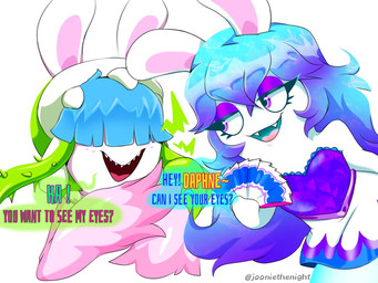 anthro asking asking_another bangs blue_hair clothed clothed_anthro clothed_female clothing dialogue eyelashes female female_anthro freckled_face freckles fur green_clothing green_hat green_headwear hair hair_over_eyes half-closed_eyes hat headgear headwear holding_fan laugh light long_ears multicolored_hair narrowed_eyes noseless open_mouth open_smile paper_fan pink_clothing pink_freckles pink_inner_ear pink_shirt pink_topwear plant purple_hair question red_tongue sharp_teeth shirt simple_background smile speech_bubble teeth text thorns tongue topwear two_tone_hair vines white_body white_fur jooniethenight mario_bros mario_plus_rabbids_sparks_of_hope nintendo raving_rabbids rayman_(series) ubisoft daphne_(mario_plus_rabbids) midnite_(mario_plus_rabbids) elemental_creature flora_fauna ghost hybrid lagomorph mammal rabbid spirit 2022 4:3 artist_name colored crossover digital_drawing_(artwork) digital_media_(artwork) english_description english_text lighting shaded