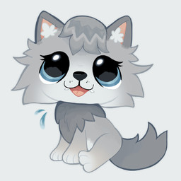 ambiguous_gender blue_eyes chibi fangs feral fluffy fur grey_body grey_fur paws sitting solo tail teeth young churasha hasbro littlest_pet_shop lps_20_(g7) canid canine canis mammal northwestern_wolf wolf 1:1 hi_res