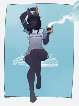 anthro beverage breasts clothed clothing coffee coffee_mug container cup female fur hair simple_background solo text tired kaiwhero canid canine mammal 3:4 absurd_res digital_media_(artwork) english_text hi_res