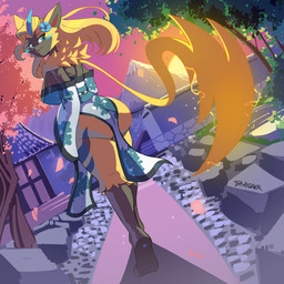 anthro big_butt biped breasts butt clothed clothing detailed_background female fur looking_back outside pupils shadow smile solo yellow_body drawligator nintendo pokemon aurora_(nbanoob) generation_7_pokemon legendary_pokemon pokemon_(species) zeraora 1:1 absurd_res hi_res