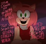 anthro breasts creepy fangs female first_person_view fur green_eyes insane looking_at_viewer pink_body pink_fur small_breasts solo teeth text yandere ghostspookygoo sega sonic_the_hedgehog_(series) amy_rose eulipotyphlan hedgehog mammal 2024 english_text hi_res