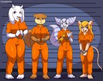 3_toes anthro barefoot blonde_hair blue_eyes bound breasts brown_body brown_eyes brown_fur chain chained clothing cuff_(restraint) feet female fur grey_body grey_fur group hair handcuffed handcuffs looking_at_viewer metal_cuffs piercing plantigrade prison prison_uniform prisoner purple_eyes restrained restraints robotic_hand shackles smile smiling_at_viewer standing submissive submissive_female tight_clothing toes white_body white_fur jseph chip_'n_dale_rescue_rangers disney nickelodeon ratchet_and_clank sony_corporation sony_interactive_entertainment spongebob_squarepants undertale_(series) gadget_hackwrench rivet_(ratchet_and_clank) sandy_cheeks toriel bovid caprine goat lombax mammal mouse murid murine rodent sciurid tree_squirrel crossover hi_res