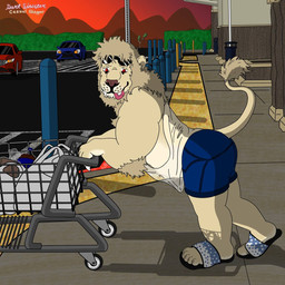 anthro blue_bottomwear blue_clothing blue_shorts bottomwear clothing eyewear eyewear_on_head footwear male parking_lot sandals shirt shoes shorts solo standing sunglasses sunglasses_on_head tank_top tongue tongue_out topwear wearing_sunglasses white_clothing white_shirt white_tank_top white_topwear dark_sinister walmart donum_(dark_sinister) felid lion mammal pantherine 1:1 hi_res
