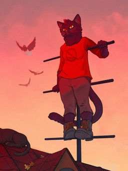 anthro biped black_body black_clothing black_footwear black_fur black_shoes clothing female footwear fur looking_afar male red_eyes rooftop solo sunset neala-appaloosa night_in_the_woods mae_borowski ambient_bird domestic_cat felid feline felis mammal hi_res