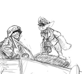 anthro armor binoculars clothing cross derp_eyes eyewear frown fur goggles group hat headgear headwear helmet iron_cross male military nazi size_difference tire uniform world_war_2 hladilnik jeep willys-overland_motors willys_jeep erwin_rommel canid canine fennec_fox fox mammal murid murine rat rodent true_fox black_and_white monochrome