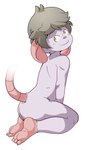 3_toes anthro bent_legs butt feet fur grey_hair hair happy kneeling kneeling_on_ground looking_at_viewer looking_back looking_back_at_viewer male nude_male raised_tail simple_background soles solo tail toes white_background white_body white_fur yellow_eyes young young_anthro young_male kentobi mammal mouse murid murine rodent 2025 absurd_res english_description hi_res