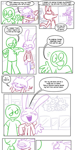 anthro blush bodily_fluids clothing dialogue duo embarrassed female gesture green_body hoodie male male/female mall purple_body shirt shrug smile smirk speech_bubble sweat text topwear sockdraw five_nights_at_freddy's roommates:motha scottgames beanie_(roommates) mike_schmidt rackham_(roommates) human lagomorph leporid mammal rabbit 2025 absurd_res comic digital_media_(artwork) english_text hi_res