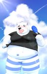 anthro belly blush bodily_fluids clothing eyes_closed fur kemono male navel outside overweight overweight_anthro overweight_male shirt solo sweat swimwear tongue tongue_out topwear white_body white_fur udontarai utau shirane_kan bear mammal polar_bear ursine 2020 absurd_res hi_res