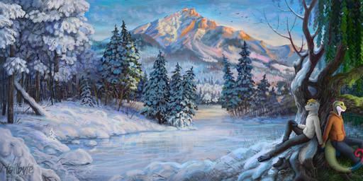 amazing_background anthro detailed_background duo flower forest forest_background grass hand_holding landscape light male mountain nature outside plant pond scenery scenery_porn sitting sky smile snow summer sunlight tail tree water waterfall winter tailbyte blugu_fox zip_zilch_nada canid canine chameleon fox lizard mammal reptile scalie 32:9 absurd_res detailed digital_media_(artwork) digital_painting_(artwork) hi_res painting_(artwork) shaded signature