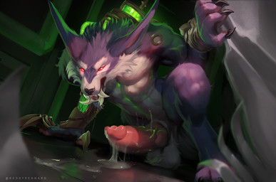 animal_genitalia anthro athletic athletic_anthro athletic_male balls balls_on_ground big_penis black_nose blue_body blue_fur bodily_fluids canine_genitalia cum cum_on_ground cum_on_penis cum_string drooling erection fangs fur genital_fluids genitals glowing glowing_eyes knot looking_at_viewer male male_anthro nude open_mouth penis red_eyes saliva saliva_string scar sheath solo teeth white_body white_fur conditional_dnp reddyrennard league_of_legends riot_games tencent warwick_(lol) canid canine mammal