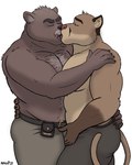 4:5 age_difference alen anthro bear bottomwear bulge_grab clothing cougar duo embrace felid feline french_kissing hi_res hug kissing male male/male mammal musclegut muscular muscular_male nanoff older_male open_mouth pants pervader reamus_(pervader) shirtless side_view