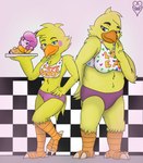 5_fingers alternate_form alternate_species anthro anthrofied beak blue_eyes bottomwear breasts clothed clothing duo eyebrows feathers female fingers machine non-mammal_breasts nude overweight overweight_anthro overweight_female purple_eyes slightly_chubby slightly_chubby_anthro slightly_chubby_female smile topwear winged_arms wings yellow_body yellow_feathers yellow_skin thevgbear five_nights_at_freddy's five_nights_at_freddy's_2 scottgames chica_(fnaf) chica_(thevgbear) cupcake_(fnaf) toy_chica_(fnaf) animatronic avian bird chicken galliform gallus_(genus) phasianid robot 2016 digital_media_(artwork) hi_res