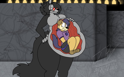 anthro barefoot belly big_belly black_body black_fur bloated breasts claws clothed clothing curvy_figure deep_navel duo eyelashes eyewear feet female female_prey fluffy fluffy_tail fur glasses grey_body grey_fur hair huge_belly inside internal jewelry male male/female male_pred moobs navel necklace nude one_eye_obstructed overweight overweight_anthro red_eyewear red_glasses small_breasts smile tail tan_body tan_fur thick_thighs toes topwear voluptuous voluptuous_anthro voluptuous_male vore wide_hips jayme_universe jad_(jayme_universe) canid canine canis domestic_dog mammal wolf 16:10 digital_media_(artwork) hi_res widescreen