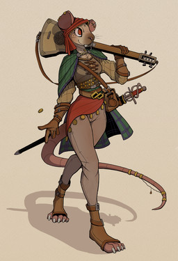anthro bard belt bottomwear brown_body buckteeth clothing coin female footwear front_view gloves grey_background handwear melee_weapon musical_instrument pants plucked_string_instrument pose red_eyes shawl shoes simple_background smile solo string_instrument sword teeth toeless_footwear toeless_shoes walking weapon whiskers gompami mammal murid murine rat rodent