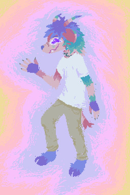anthro blue_hair bottomwear brown_body brown_fur clothed clothed_anthro clothing fully_clothed fully_clothed_anthro fur hair male pants shirt smile solo t-shirt tan_bottomwear tan_clothing tan_pants topwear white_clothing white_shirt white_t-shirt white_topwear demensa unknown_species 2022 2:3 colorful_theme digital_media_(artwork) hi_res pastel_theme pixel_(artwork)