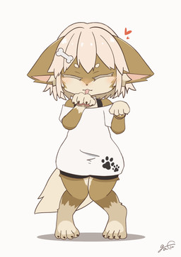 accessory anthro barefoot biped blush blush_lines bone_accessory bone_hairclip bottomwear brown_body brown_fur claws clothed clothing ear_twitch eyes_closed feet female flat_chested footprint front_view fur hair hair_accessory hairclip hand_lick happy heart_symbol hindpaw kemono knock-kneed licking loose_shirt pawpads pawprint paws personal_grooming shorts simple_background solo standing tail tail_motion tailwag tan_hair tongue tongue_out white_background wide_hips wristband young young_anthro young_female gafu0320real canid canine canis domestic_dog mammal 2023 animated digital_media_(artwork) full-length_portrait hi_res loop portrait signature