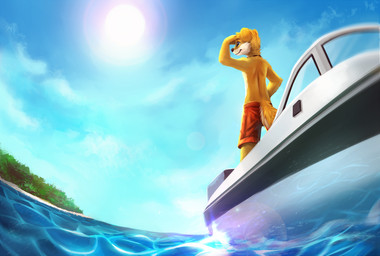 anthro bare_back black_nose blue_eyes clothed clothing day detailed_background fur male outside shoreline sky smile solo sun topless water yellow_body yellow_fur thanshuhai canid canine canis domestic_dog mammal 2013 digital_media_(artwork) digital_painting_(artwork) painting_(artwork)