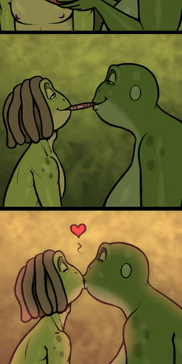 3_panel_comic anthro areola brown_hair dreadlocks duo eyes_closed female freckled_face freckles green_body green_skin hair half-closed_eyes kissing male narrowed_eyes smile spots spotted_shoulders wide_eyed kostos_art mac_and_linda linda_(kostos_art) mac_(kostos_art) amphibian frog comic hi_res