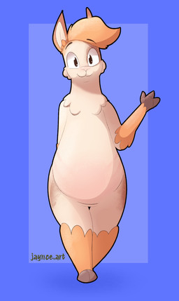 :3 belly big_ears brown_eyes cloven_hooves fur gesture hooves male orange_body orange_fur pink_body pink_nose pink_skin simple_background smile solo standing tilted waving white_body white_fur jaynoedotart olli_(braeburned) alpaca camelid mammal absurd_res colored hi_res shaded